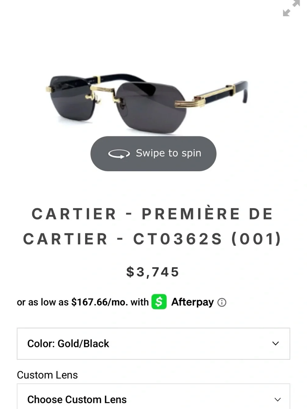 Cartier Gold Bridge Black Lens Rimless Sunglasses